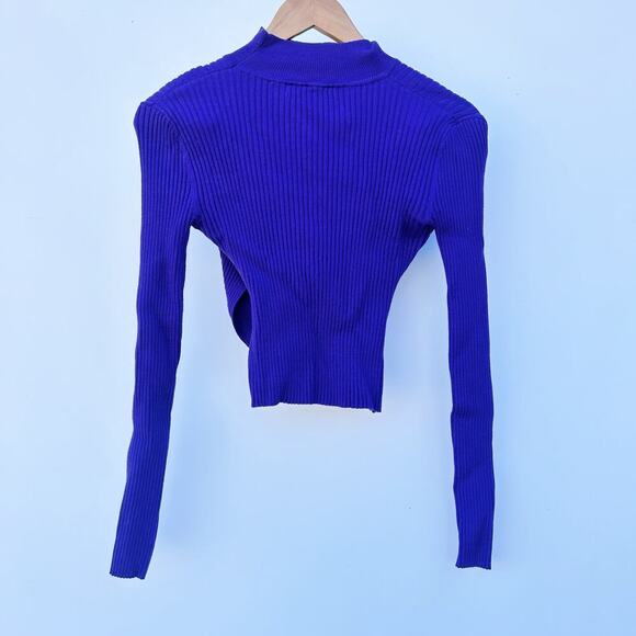 Zara Choker Cropped Rib Knit Cut Out Wrap Sweater Purple Small Top Long Sleeve - Picture 3 of 10